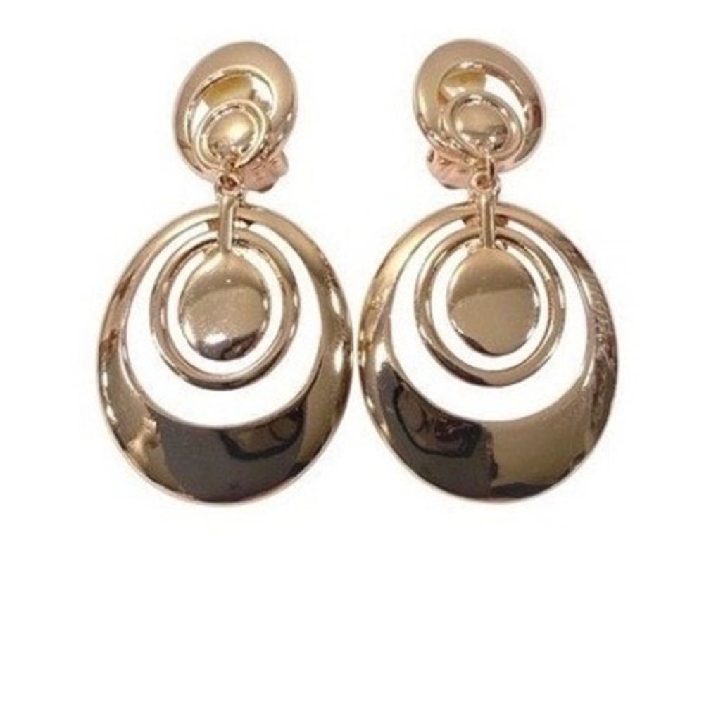 Dangle Circle Clip On Earrings Women's Rose Gold Oval Shiny Polished Elegant